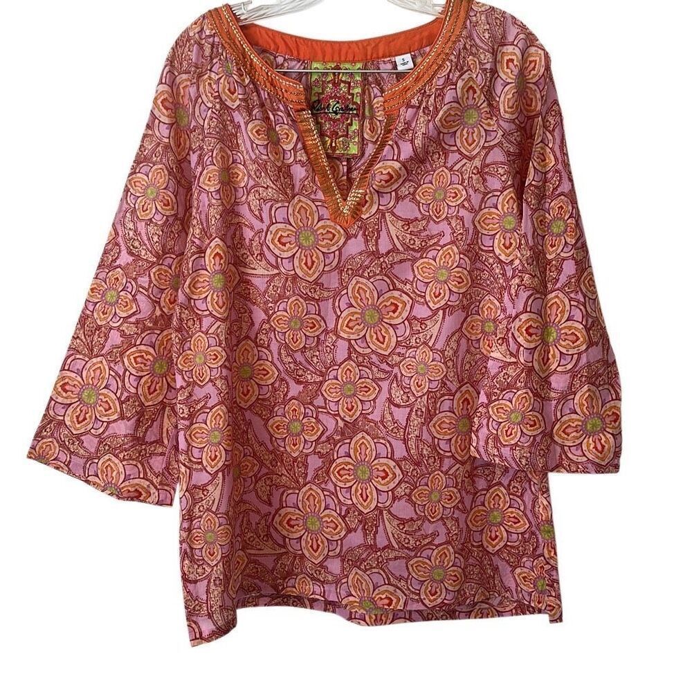 Robert Graham Designer Lavender Floral Wide 3/4 Sleeve Tunic Blouse S